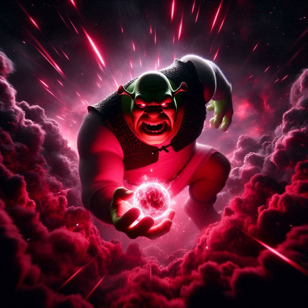 AI generated: vista de ángulo despaldas de figura oscura de Shrek heroico con ira contrastado sobre fondo rojo int...