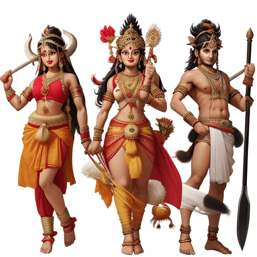 AI generated:  dress like fit inside group of three sita with sord flower , ram with very heavy powerfull bow and ...
