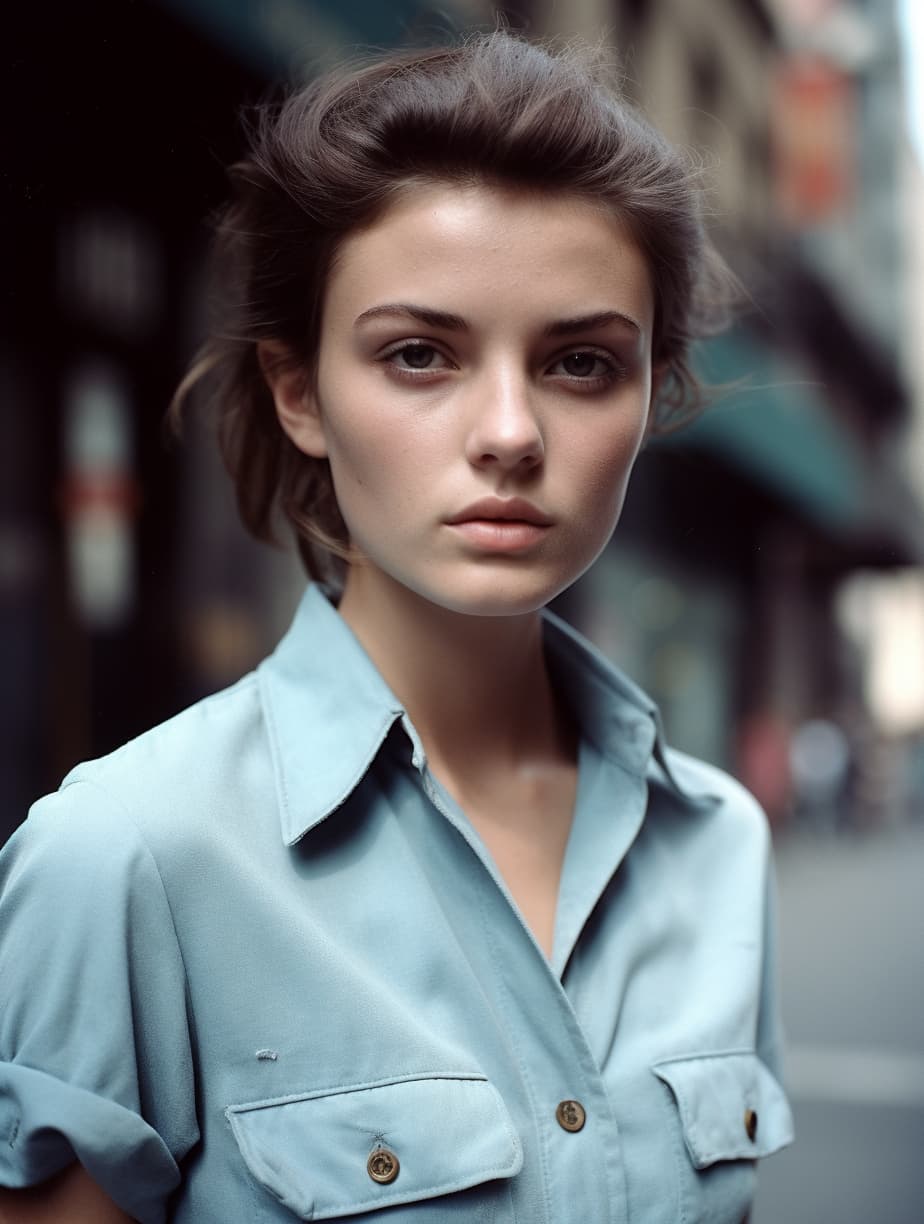 AI generated: ((waist photo)) beautiful young model in the streets of New York, wearing light blue shirt . analogu...