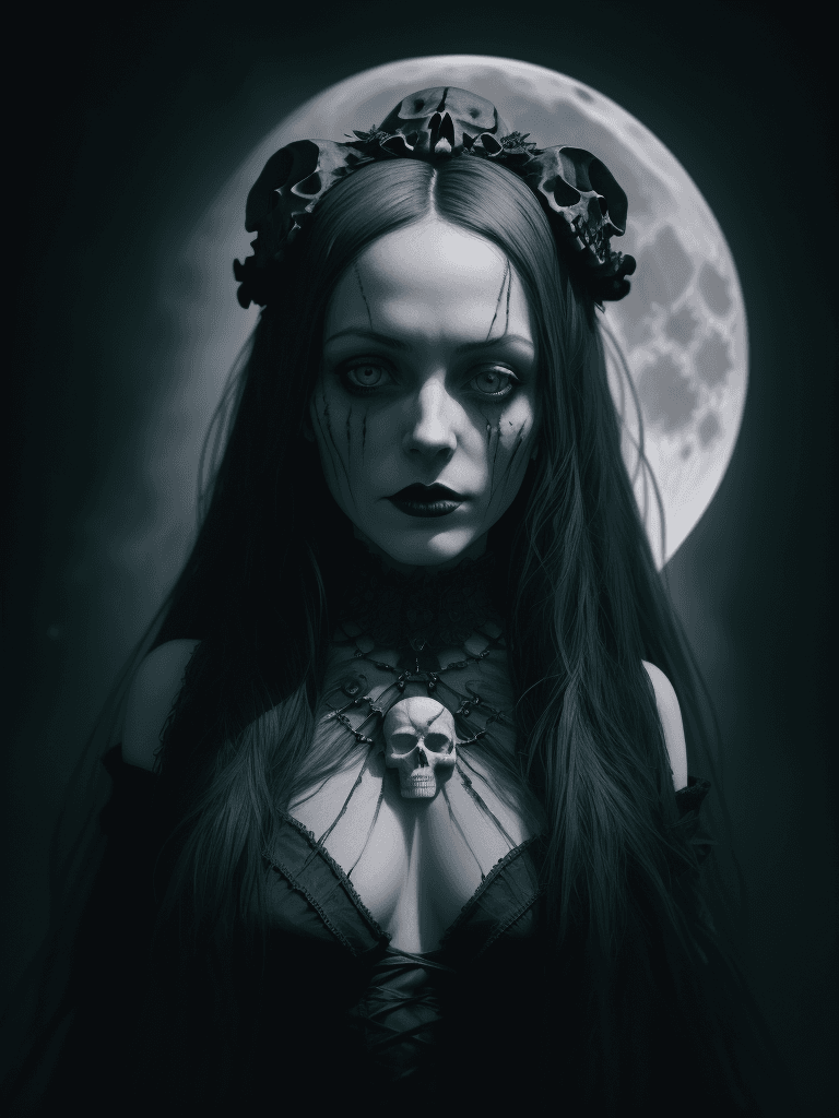 AI generated: **Portrait of a tremble beautiful gothic woman wearing a human skull on top of her head, front facin...