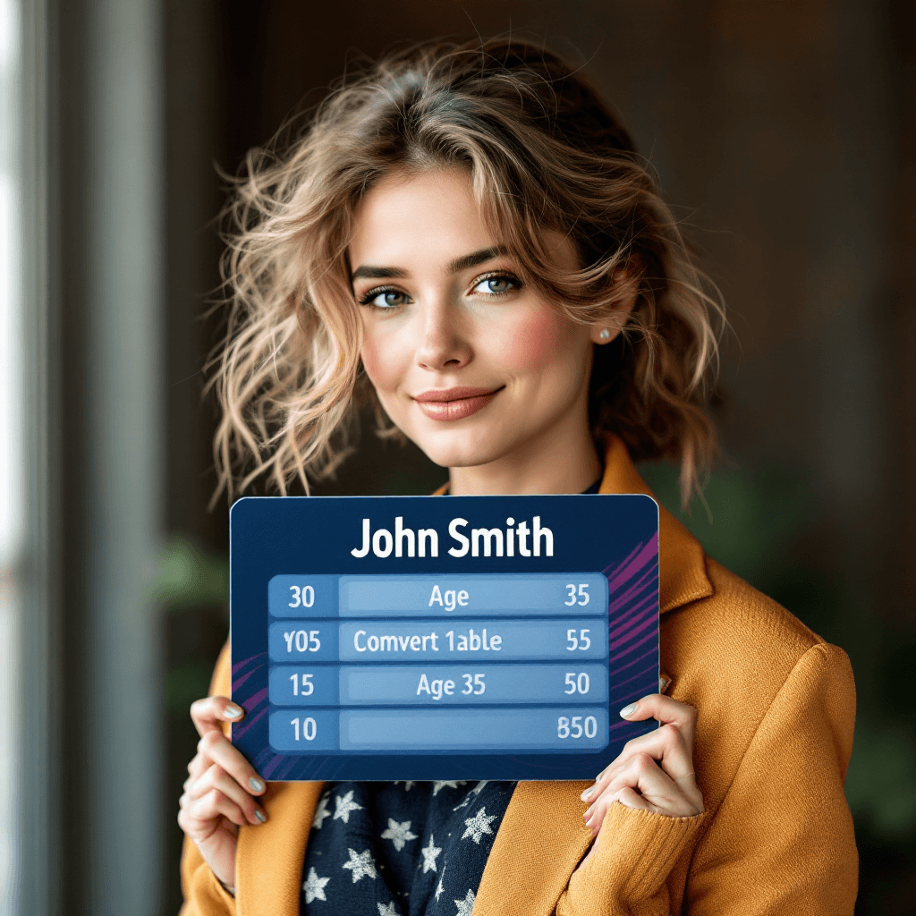 AI generated: Card of a 30 y.o. woman with specific data table "Name John Smith Age 35 Best in Computer Science" B...