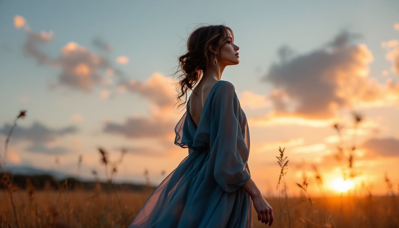 AI generated: Estilo tipo inspirador. Paisaje: campo al atardecer. Una mujer (sin aretes, ni accesorios en las ore...