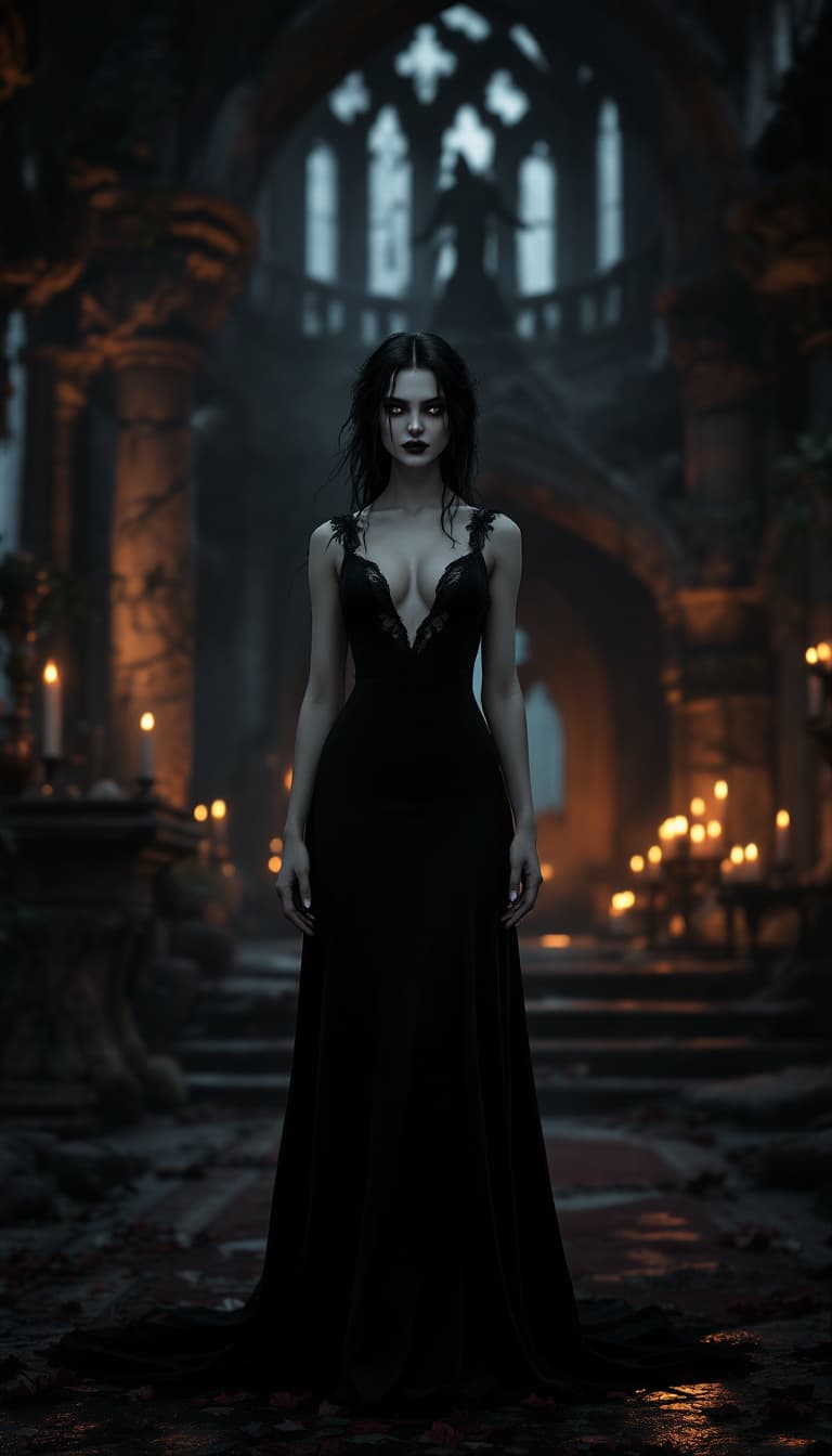 AI generated: female vampire, She has two cute sharp fangs (vampire style) . full body with black long dress,black...