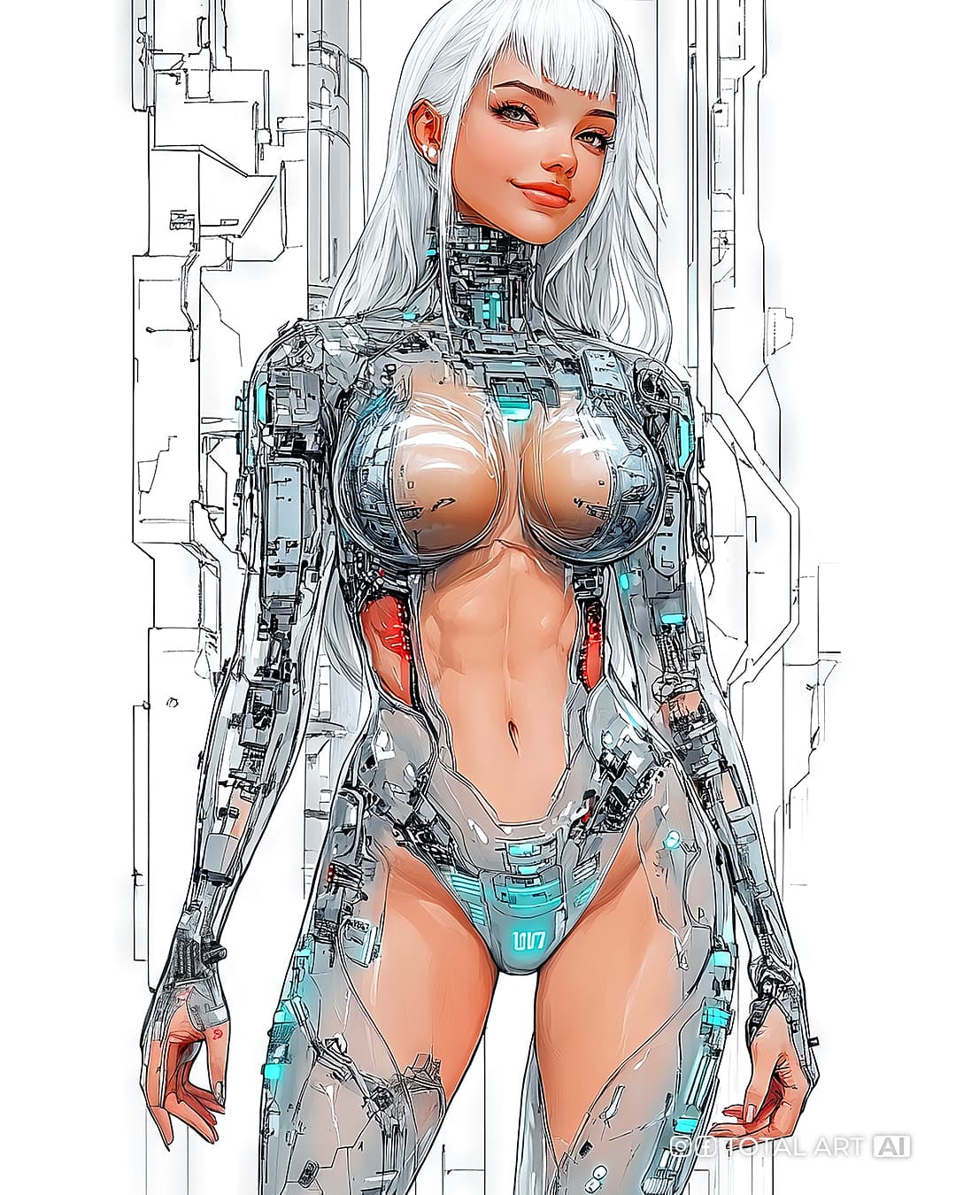 AI generated: Anime illustration of full body shot of a young beautiful European cyborg woman, white haired, elite...