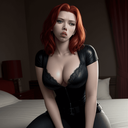 AI generated: Scarlet Johansson, big beautiful seductive from Black Widow, view from front (chest) (sitting on bed...