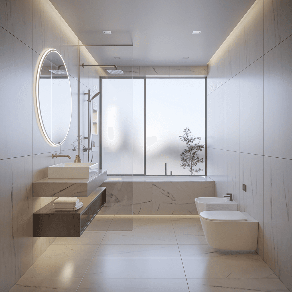 AI generated: A sleek and contemporary modern washroom design with minimalist aesthetics. The space features smoot...