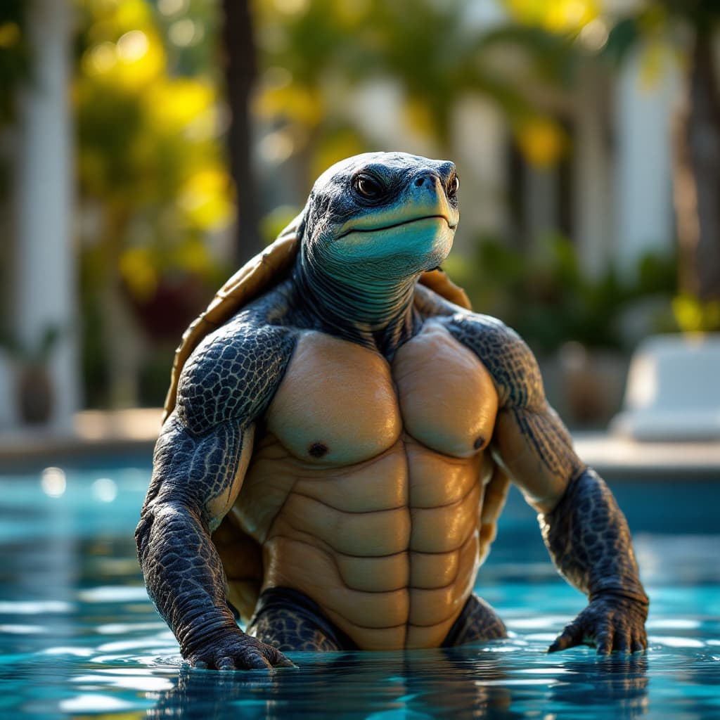 AI generated: ultra detailed photograph of a stunning anthropomorphic tortoise athletic modern machoman in swimmin...