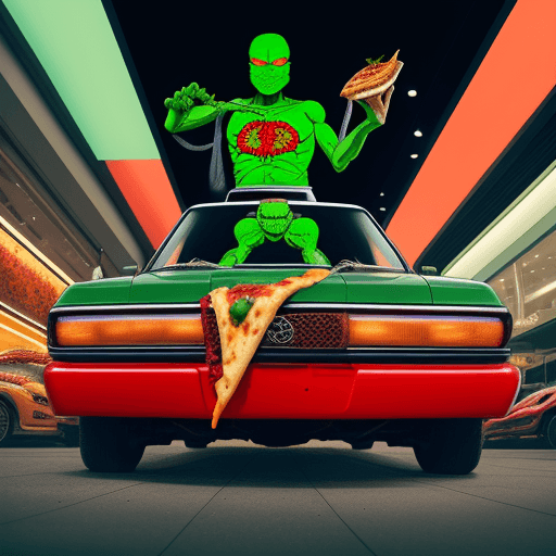 AI generated: Toyota sedan on fire with pizza and burger wheels driving through shopping mall with green skeleton ...