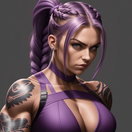 AI generated: muscular woman, tattoos, purple braided hair, ponytail hair, superhero outfit, cleavage, looking at ...