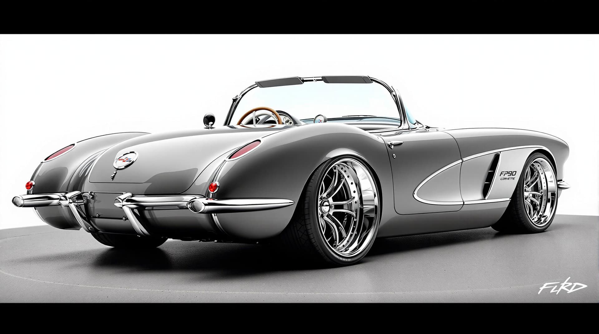AI generated: Hyper realistic 1958 chevy corvette convertible, rear side view, gray color, restomod with 20" deep ...