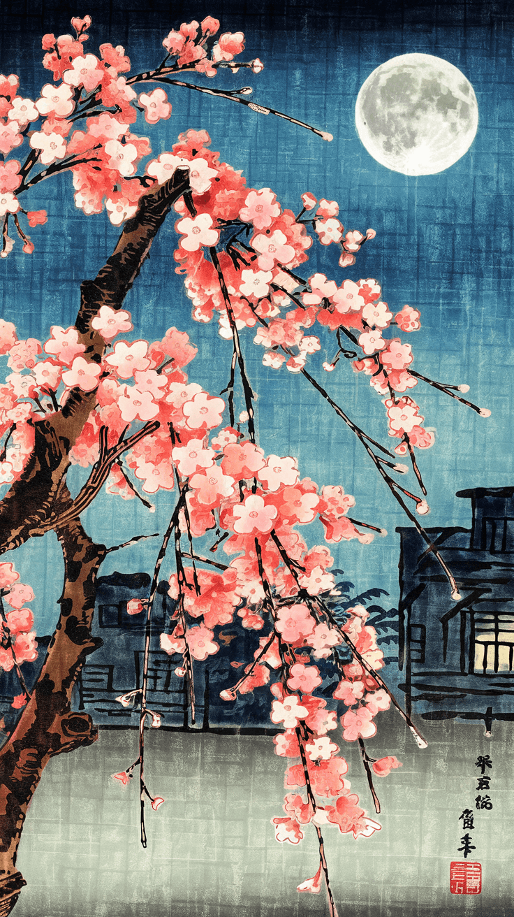 AI generated: Cherry blossoms and the moon in the style of Ukiyo-e, delicate brushwork, ink stamp at the bottom ri...