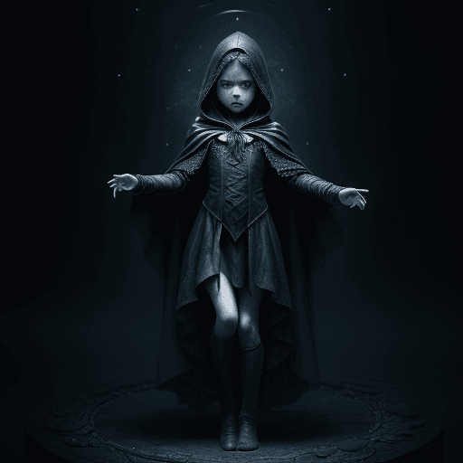 AI generated: full body&move&dances\pose\slow motion, anatomical, little&creepy&girl\wizard, cloak\dark\leather\in...
