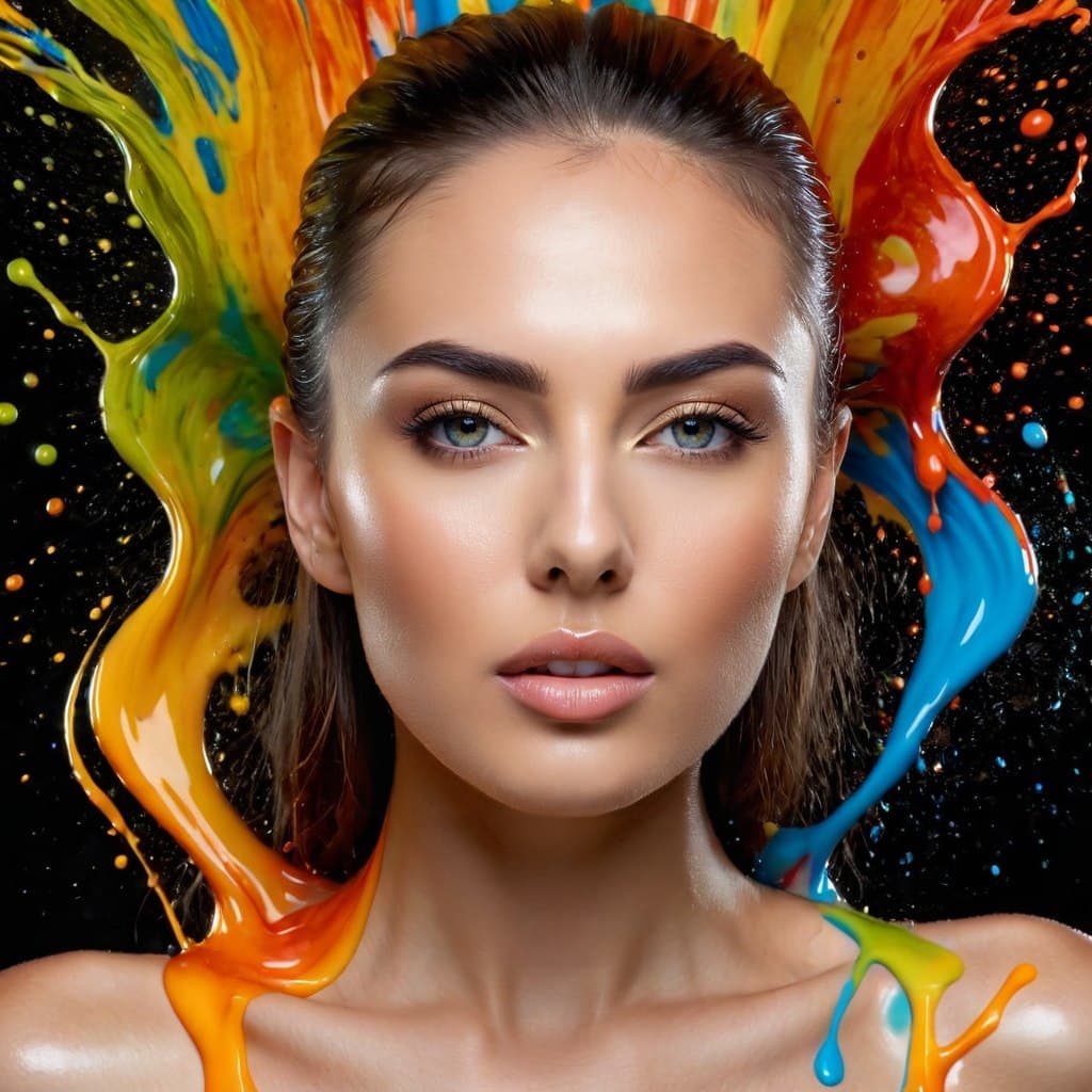 AI generated: (gorgeous female made of colorful liquid splashes:1.9), merging, melting, splashing, droplets, mixin...