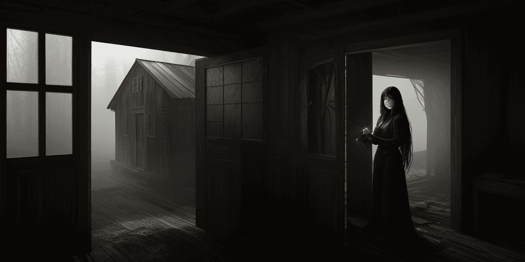 AI generated: In the dim abandoned wooden house, the sun shines in and the volumetric fog is shrouded. A woman is ...
