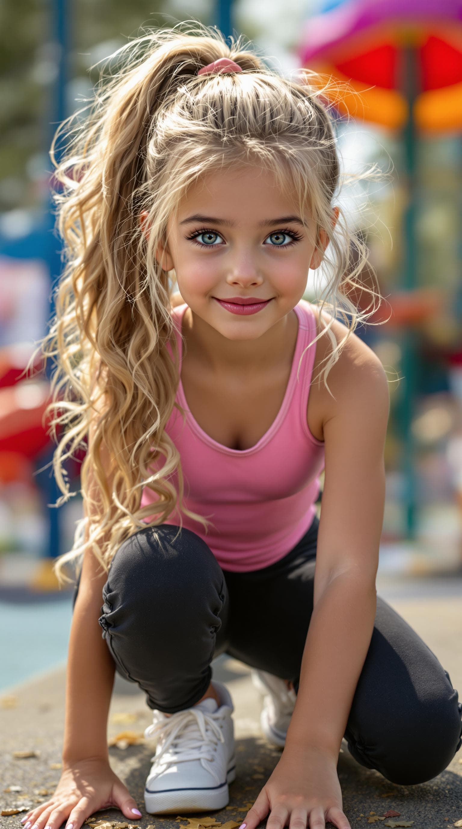 AI generated: a professional photo of a exceptionally beautiful girl in the world (age 9), Playing at a playground...