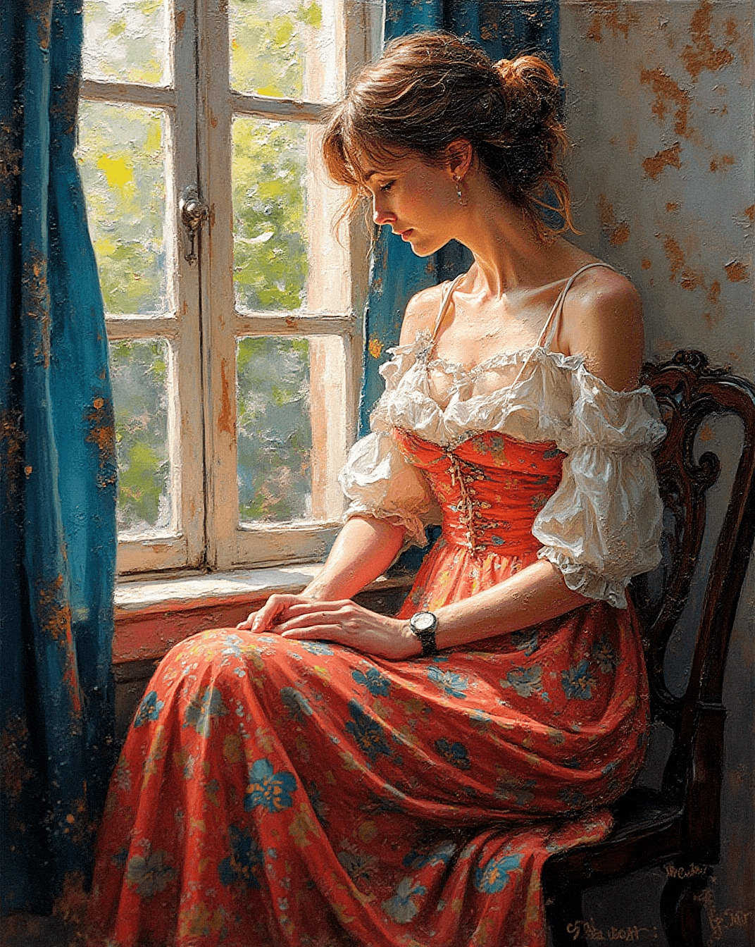AI generated: A young woman in a vintage off-shoulder dress with puffed white sleeves and a red floral skirt, sitt...