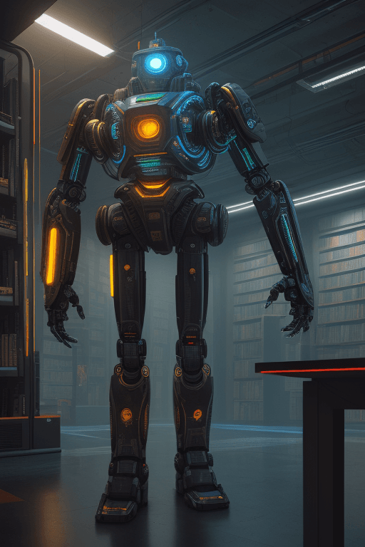 AI generated: High resolution photography, library, robots, cyberpunk, bright colours,
8k, intricate detail, photo...