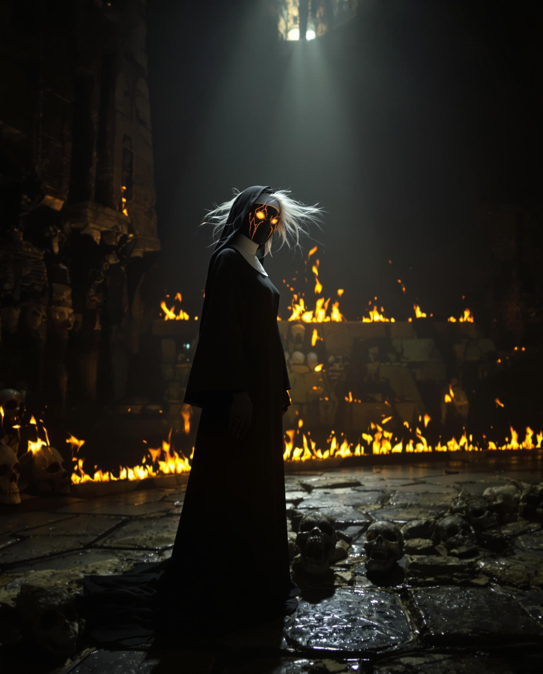 AI generated: Side view, hyper-realistic, full-length shot, full body photograph. A demonic nun woman with glowing...