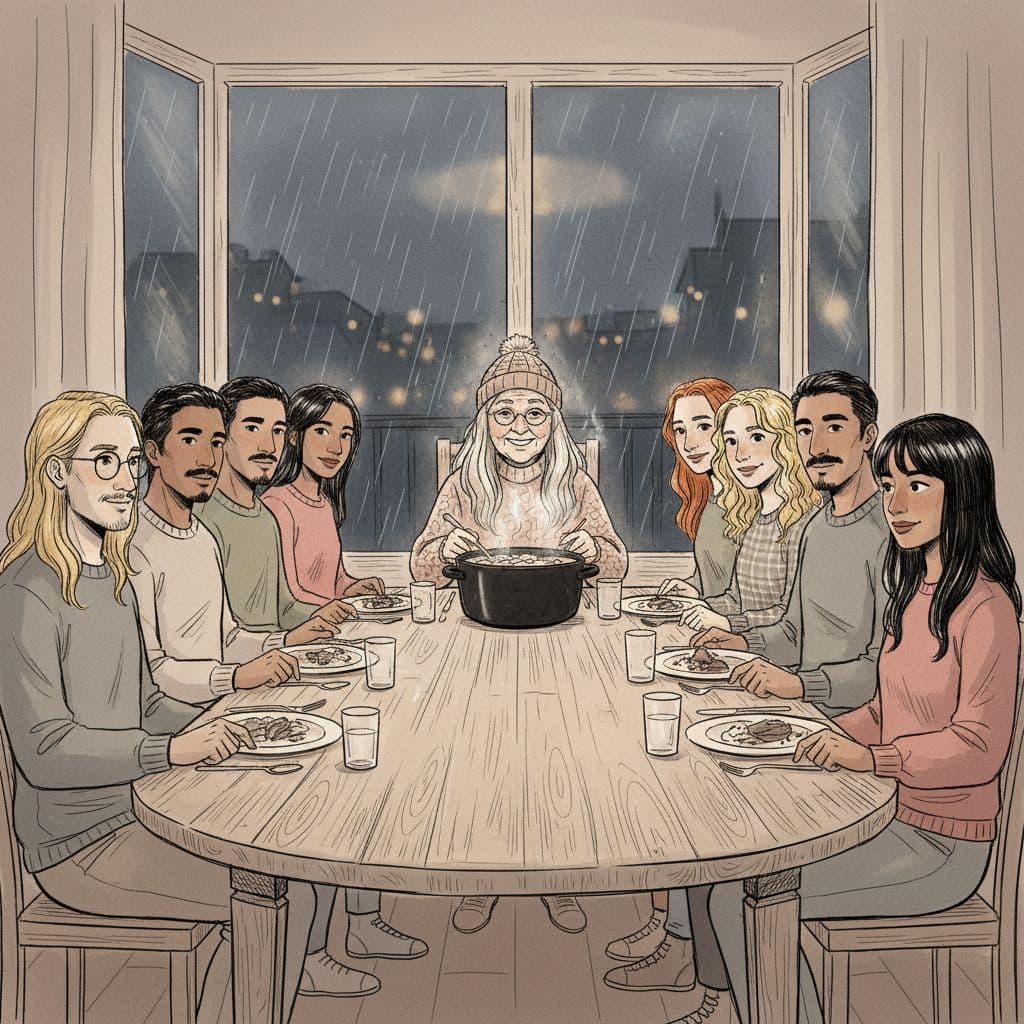 AI generated: *"A cozy winter dinner scene: 18 people (7 men, 11 women) seated around a large rustic wooden dining...