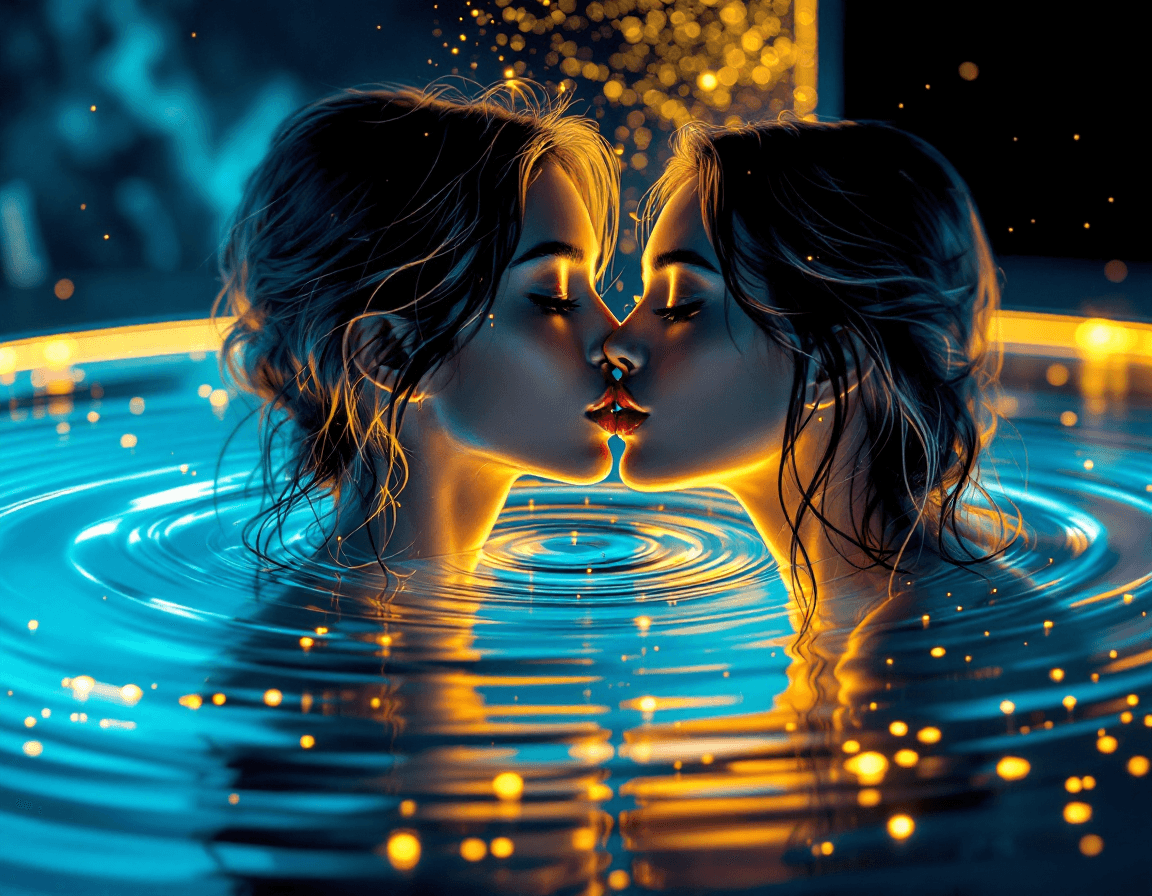 AI generated: A bold and vibrant modern illustration of a beautiful woman leaning towards her reflection in a slee...