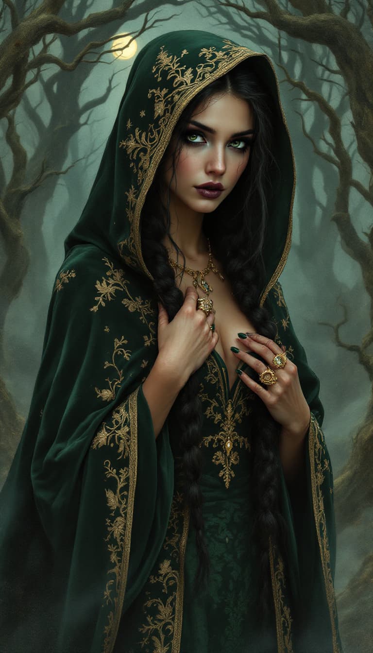 AI generated: A captivating portrait of a mysterious woman, art style, wearing a dark green and gold ensemble. She...