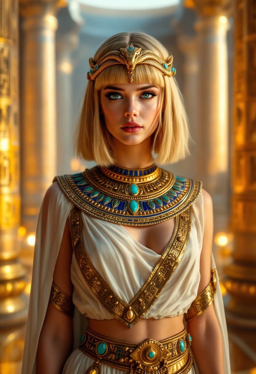 AI generated: A regal and enchanting depiction of Elle Fanning as Cleopatra, standing in a grand Egyptian palace w...