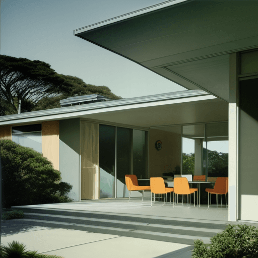 AI generated: Hyper realistic eye level exterior photo of a mid century modern style house overlooking the ocean, ...
