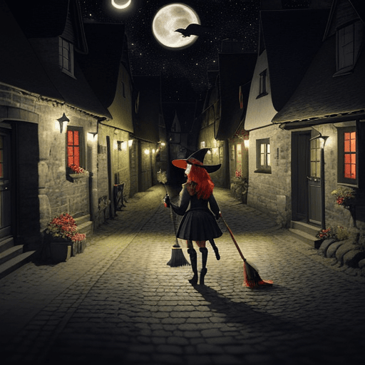 AI generated: A little red-haired witch wearing a witchhat and holding a broom stick in her left hand is walking a...