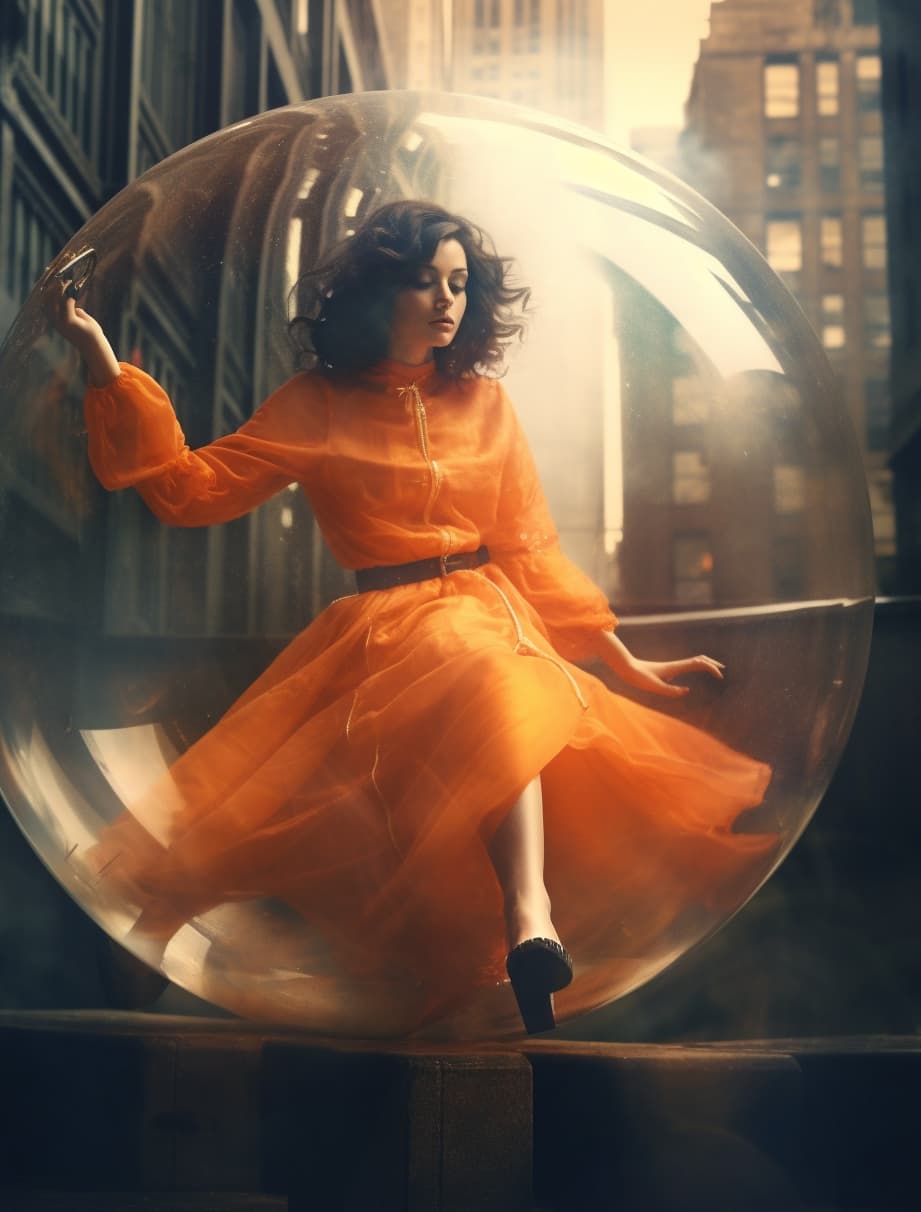AI generated: a woman in an orange dress flying through a bubble, a picture, inspired by Jerry Schatzberg, tumblr,...