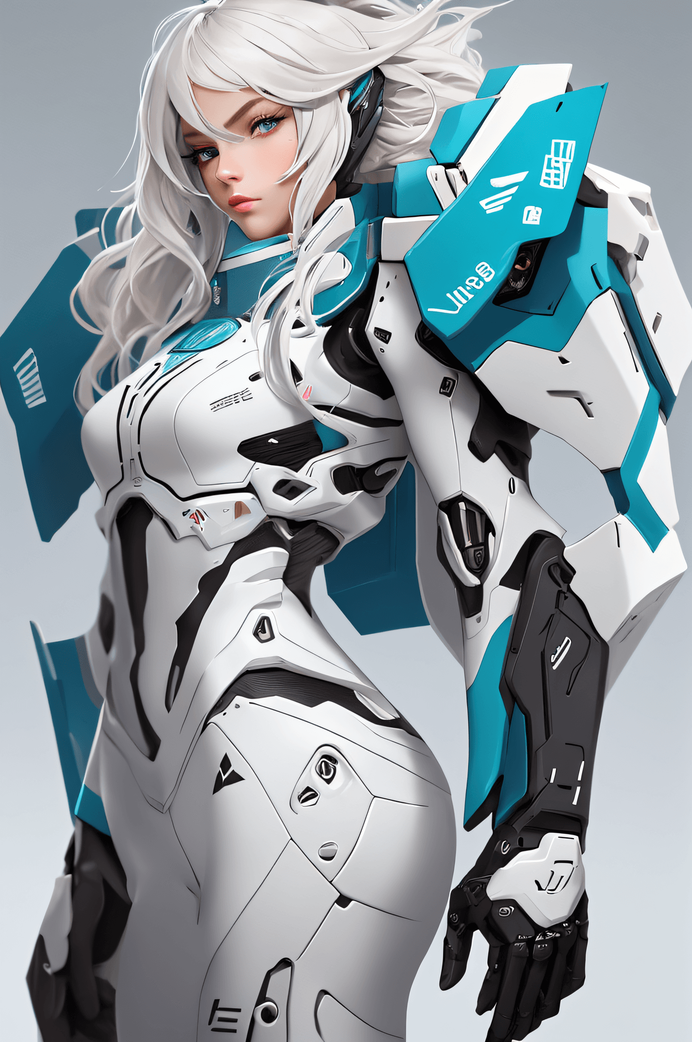 AI generated: 1girl, detailed beautiful face and eyes, white hair, black mecha suit, minimalism, gun, side view, b...