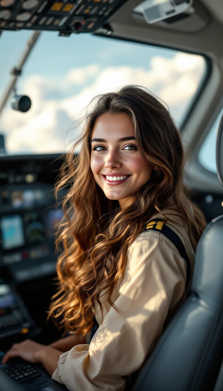 AI generated: 35 years old girl,  alone, happy, wavy hair, long locks, beautiful brown hair, airplane pilot, plane...