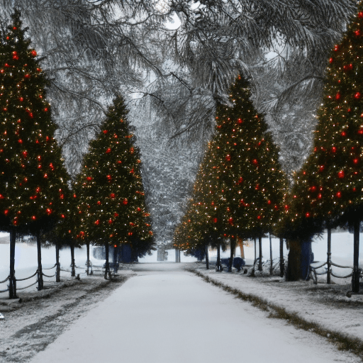 AI generated: a street lined with christmas trees along with snow, in the style of old-world charm, dreamy and rom...