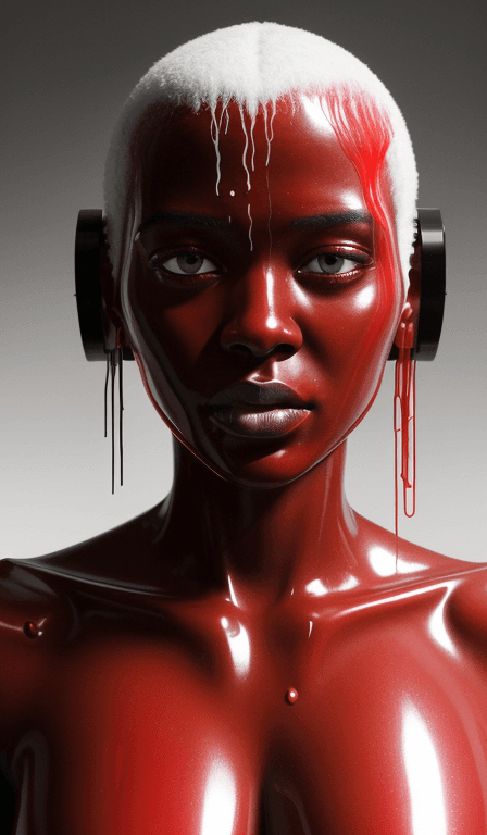 AI generated: three quarter portrait of the black body with red face is covered in fluids, in the style of futuris...