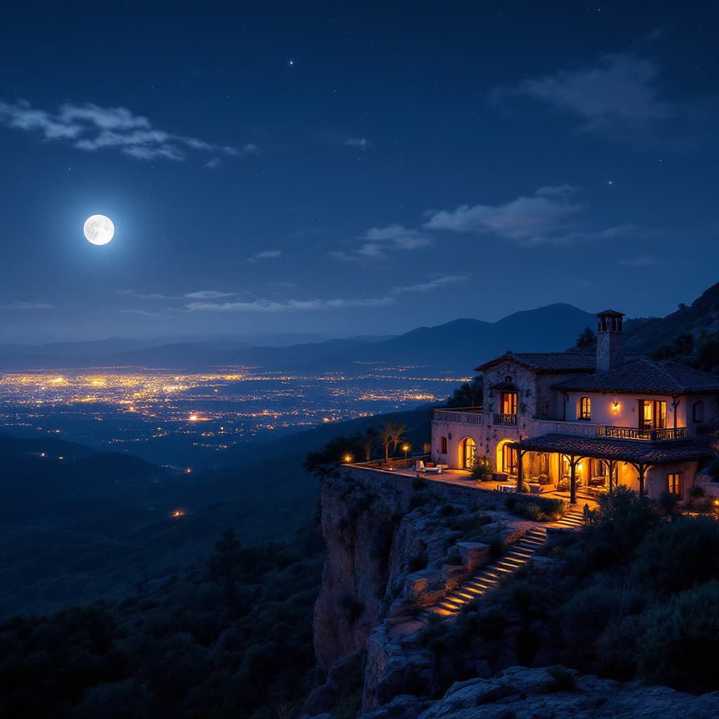AI generated: a mexican hacienda house on a cliff overlooking a city  over the horizon, and the night sky is with ...