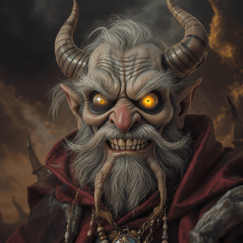 AI generated: Very old madness grandma with evil smile, mad sky hallucination by Mundford, baroque maximalist, chi...