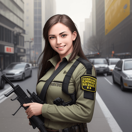 AI generated: Female, firearms gun, no uniform, regular clothes, in the city, calm, smiling, realistic, young, ins...