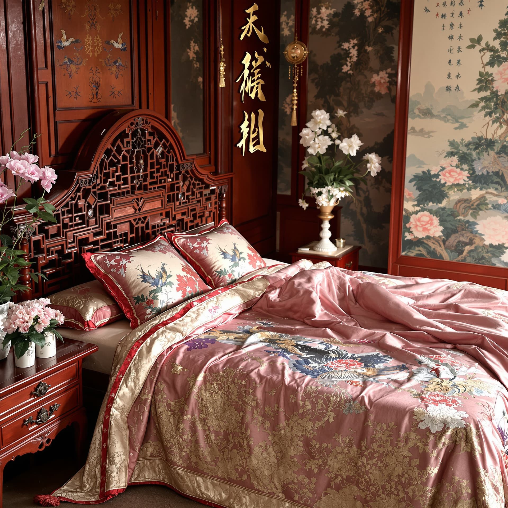 AI generated: (sex:1.4),NSFW,(hanfu),no bra,no panties,
redwood carved bed, mandarin ducks pattern, embroidered s...