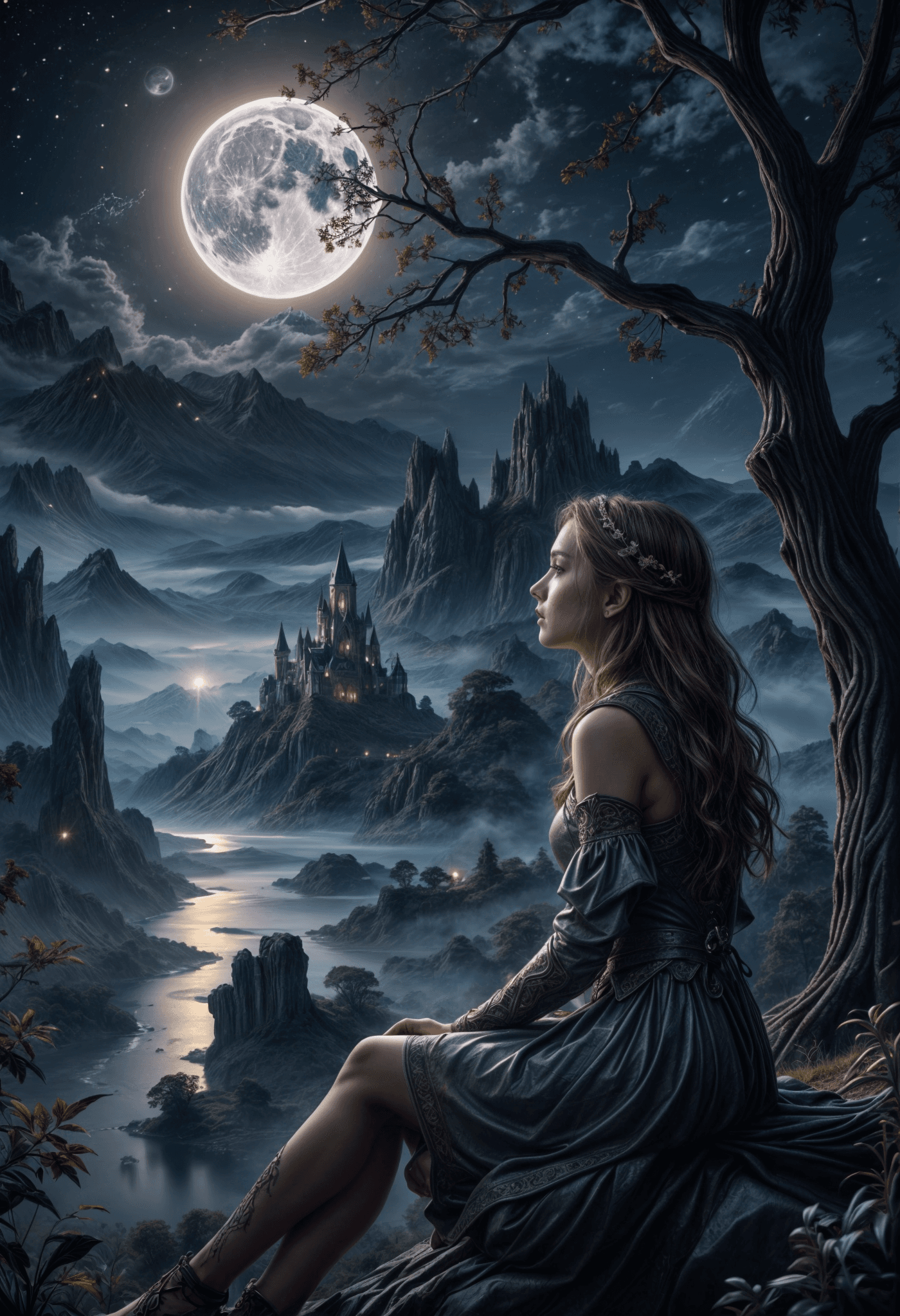 AI generated: A dream from a woman in a long dress sits beneath a full moon, her back to us, on a tree branch by a...