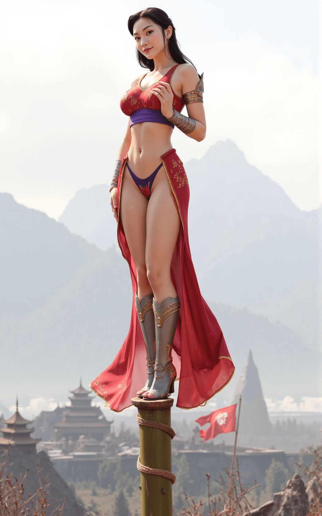 AI generated: In the heart of a vast, misty Chinese mountain range, Mulan stands triumphantly atop a sturdy bamboo...