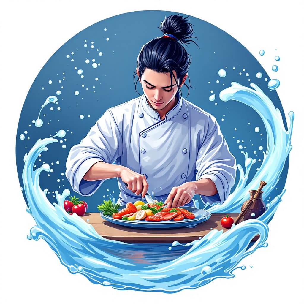 AI generated: Create a high-paying symbol for an anime-style slot game featuring a water ninja chef. This chef sho...
