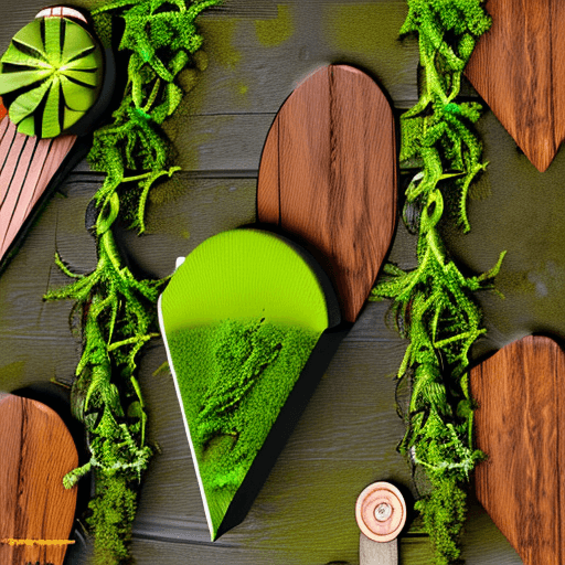 AI generated: (Wooden boards overgrown with moss entwined along the edge of intricate and various leaves and twigs...