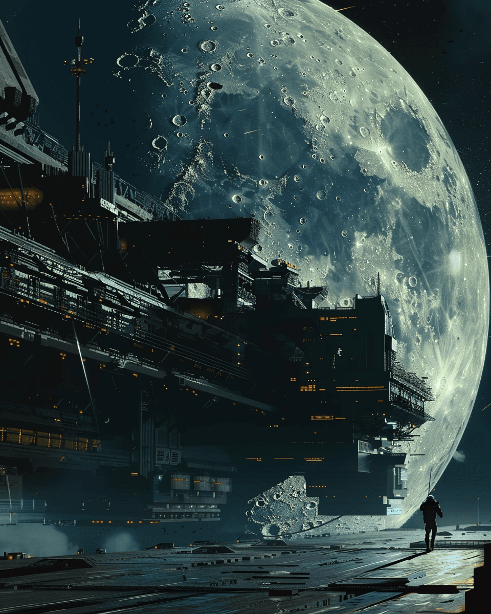 AI generated: A space station in orbit around the moon, interior of an alien ship docked at its port side, a perso...
