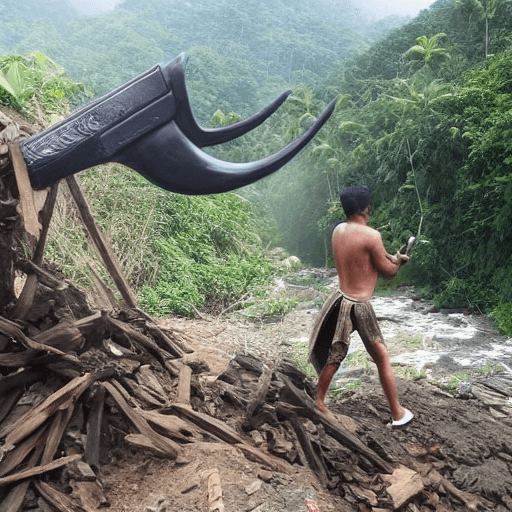 AI generated: Keris, bilah berkelok-kelok seperti ular, bentuk yang sangat indah, besi berwarna hitam
