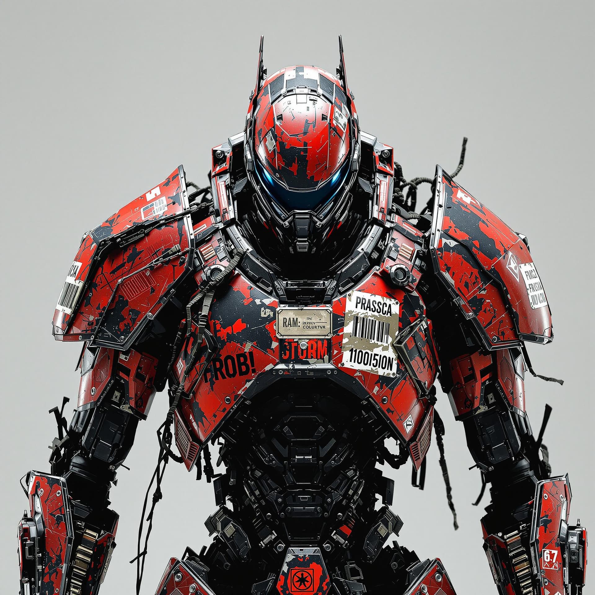 AI generated: Hyper realistic, mecha, dameged and aged red  and black armor, propaganda barcodes and symbols ,dyst...