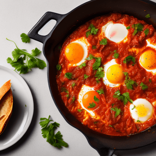 AI generated: Food photography, shakshuka, top view,in a luxurious Michelin kitchen style, studio lighting, depth ...