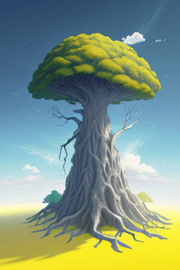 AI generated: mystical Sky Island, yellow backdrop,in mid-air,a colossal withered tree,,Unveil the secrets hidden ...