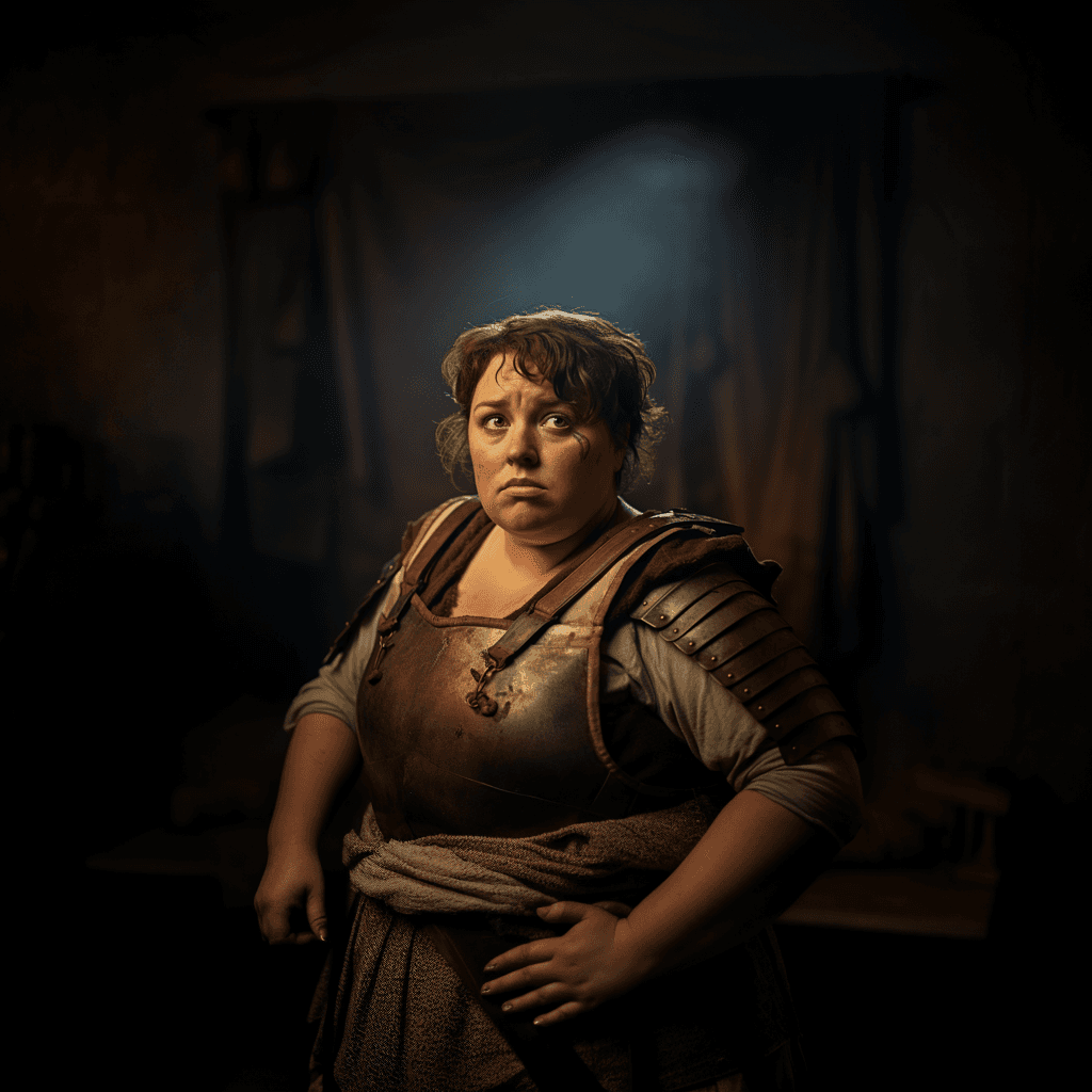 AI generated: gritty portrait of, chubby woman, norman rockwell style, as a roman gladiator, Wearing gladiator arm...