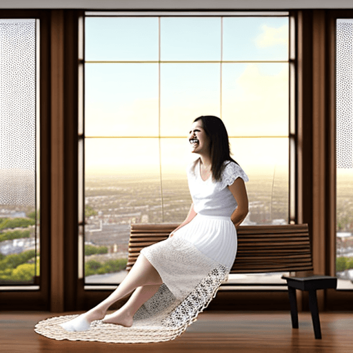 AI generated: A woman is seated comfortably on a wooden bench inside a room with large windows showcasing a distan...