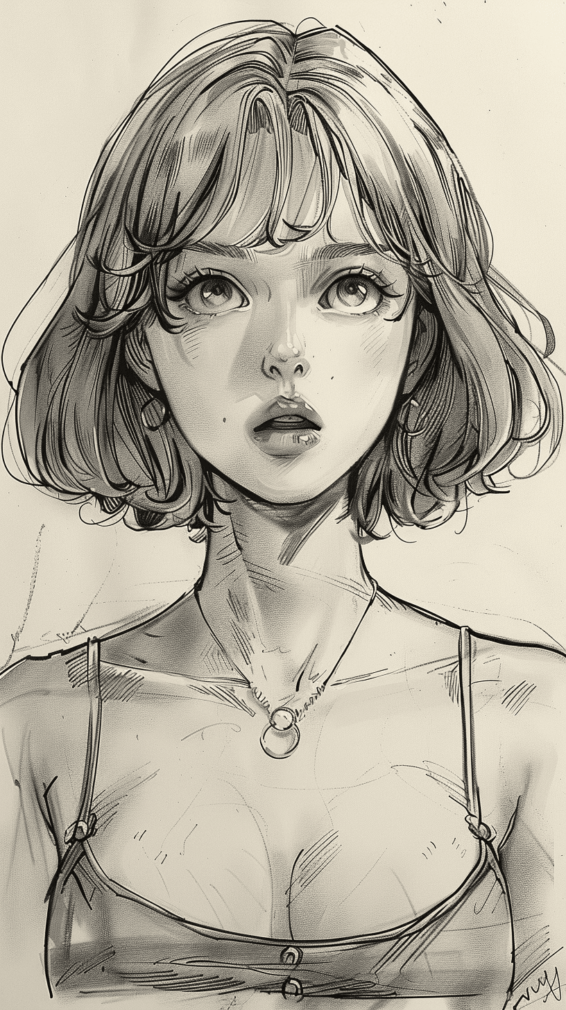 AI generated: a simple sketch of an anime girl with short hair, loose lines and drawing on notebook paper --ar 9:1...