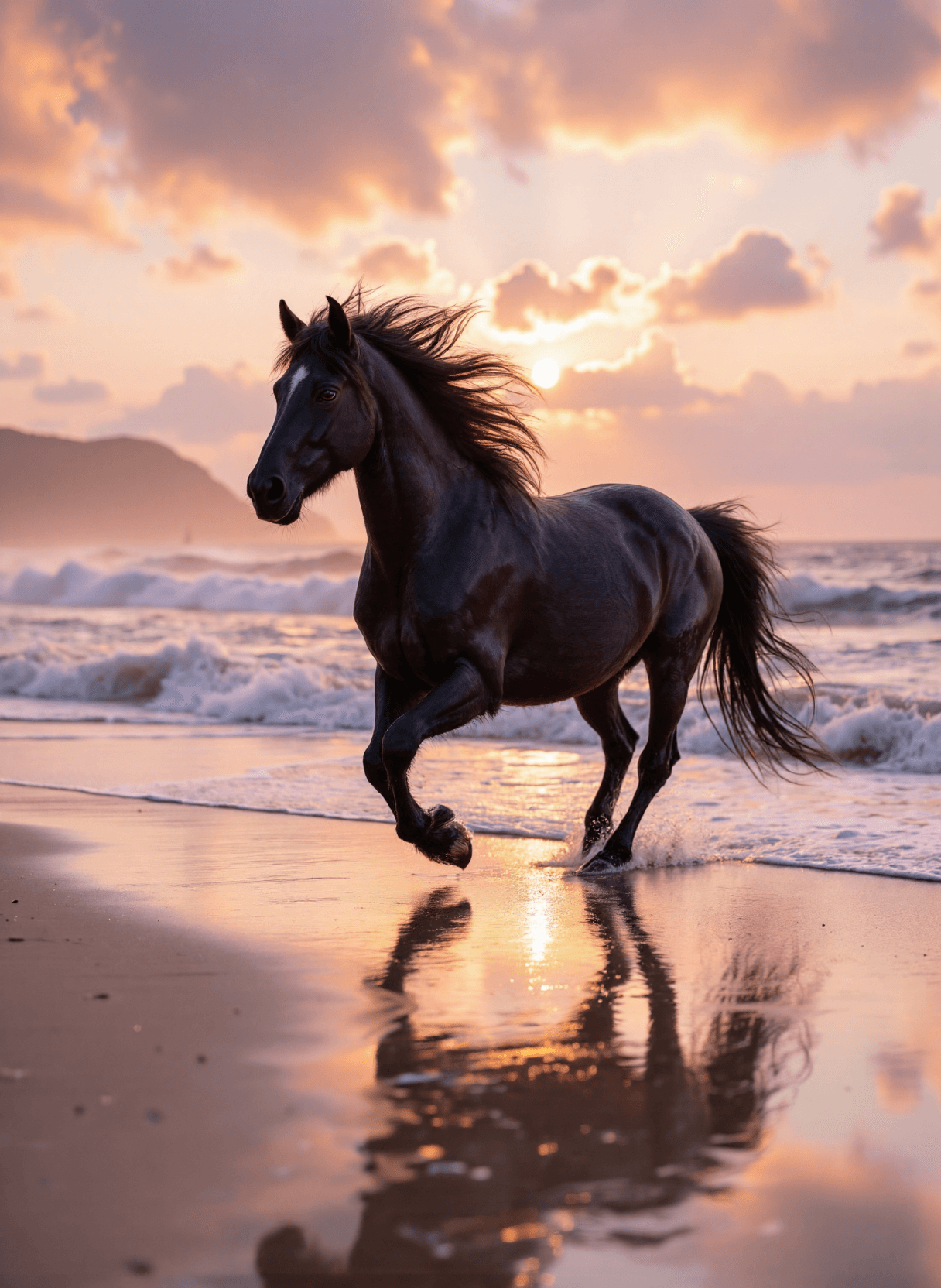 AI generated: The image depicts a beautiful scene of a horse running along a beach at sunset. The horse is black a...